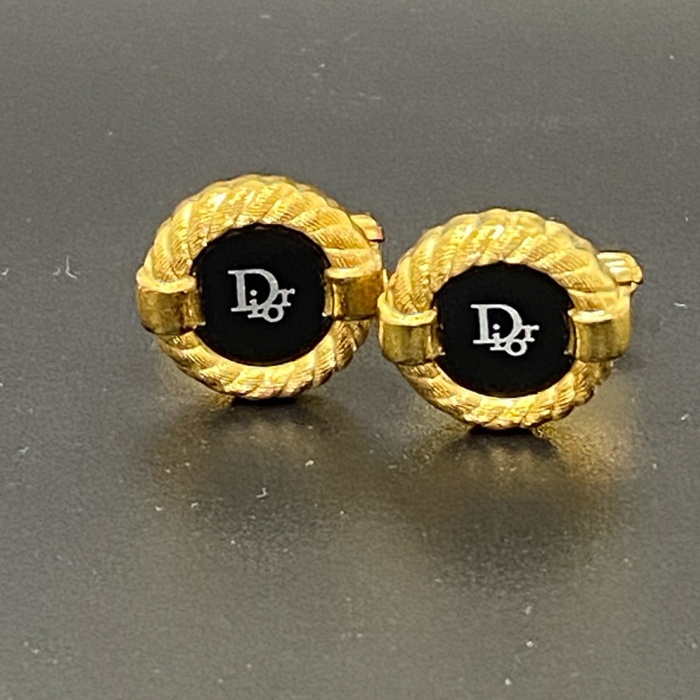 Christian Dior “DIOR” Logo Gold Tone And Black Onyx Vintage Cufflinks